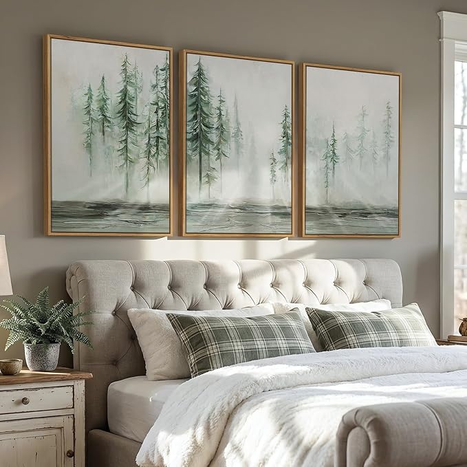 Framed Forest Tree Wall Art, 3 Piece Green Landscape Wall Decor, 24x36 Inch | Modern, Abstract, Large, Canvas artwork, Green, Pine tree picture, Bedroom art, Dining room decor, Ready to hang, Wood frame