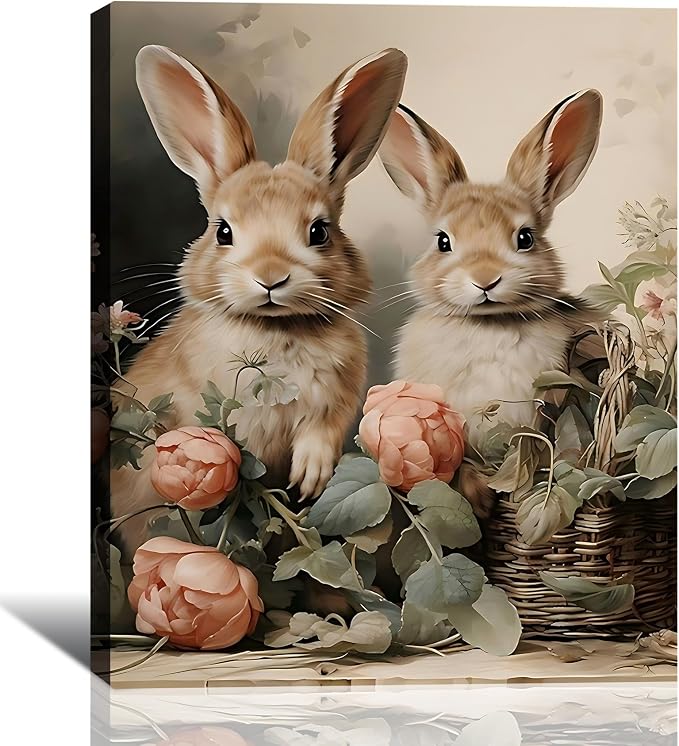 Rustic Bunny & Flowers Canvas Wall Art Framed Rabbit Canvas Prints Picture for Fireplac,Hallway, Farmhouse Spring Easter Wall Decor & Holiday Decoration for Bedroom Bathroom 16x24 In