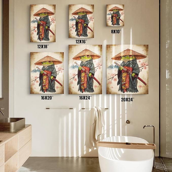 Wesluin 8"x10" Samurai Frog Canvas – Vintage Japanese Amphibian Wall Art | Stoic bushi-toad grips katana amid sepia-toned swirls. Croak-murai legend. Hook included, ready to hang.