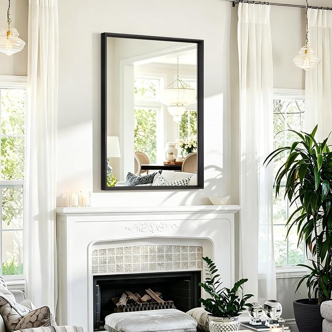 AAZZKANG Black Framed Mirror Large 26"x18" Rectangle Metal Mirrors for Wall Decorative for Bedroom Bathroom Living Room Entryway Hanging Vertically or Horizontally