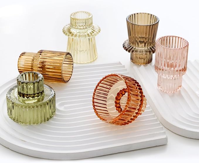Brown Candlestick Holders 12PCS Ribbed Glass Taper Candle Holders Set for Tealight Candlestick Candles, Table Centerpieces for Thanksgiving Christmas Farmhouse Decor Indoor and Outdoor