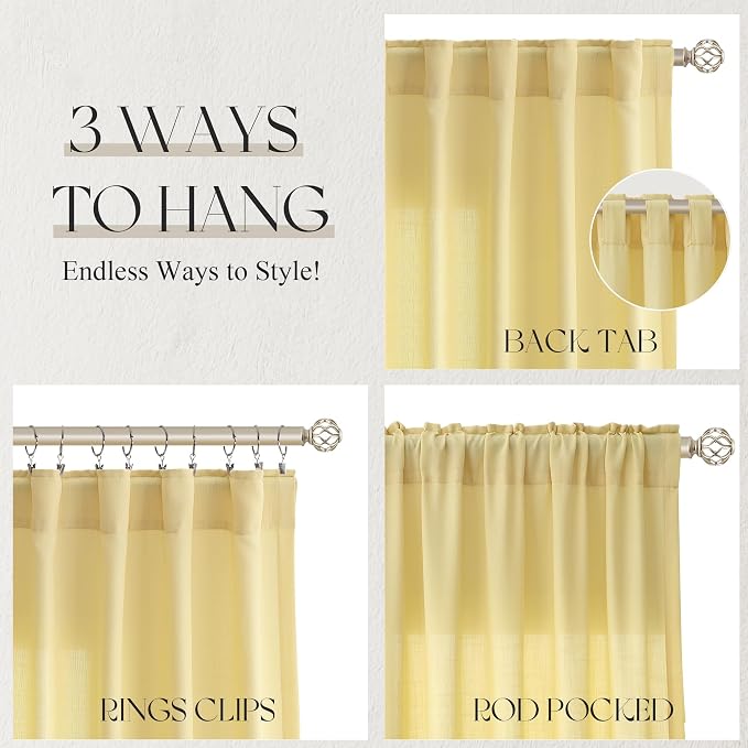 Jowels Yellow Linen Curtains 102 Inch Long 2 Panels for Living Room | Light Filtering Semi Sheer Curtain, Back Tab Pocket Pleated Look, Boho Farmhouse Textured Privacy Drapes for Bedroom Window