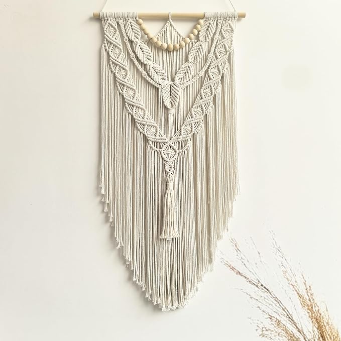 Macrame Wall Hanging Boho Geometric Woven Tapestry Cotton Handmade Bohemian Art Decor with Wood Bead Wall Decor for Bedroom Living Room Apartment Nursery 31.5" L x 17" W (Wood Bead-Y)