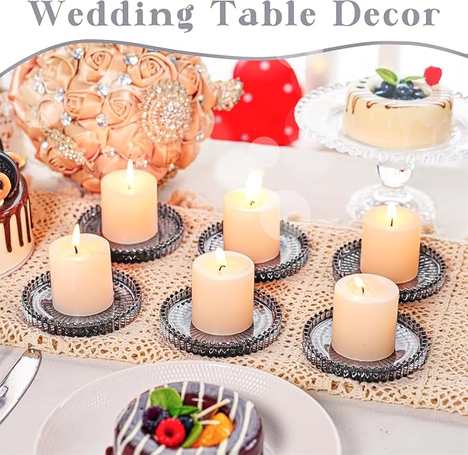 6 PCS Glass Pillar Candle Holder Plates, Black Crystal Candle Dish