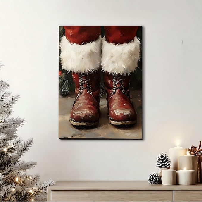 Framed Christmas Boots Wall Art 8x12inch– Rustic Winter Canvas Prints for Home Wall Decor – Farmhouse Red Christmas Pictures Wall Hanging for Living Room & Bedroom, Bathroom