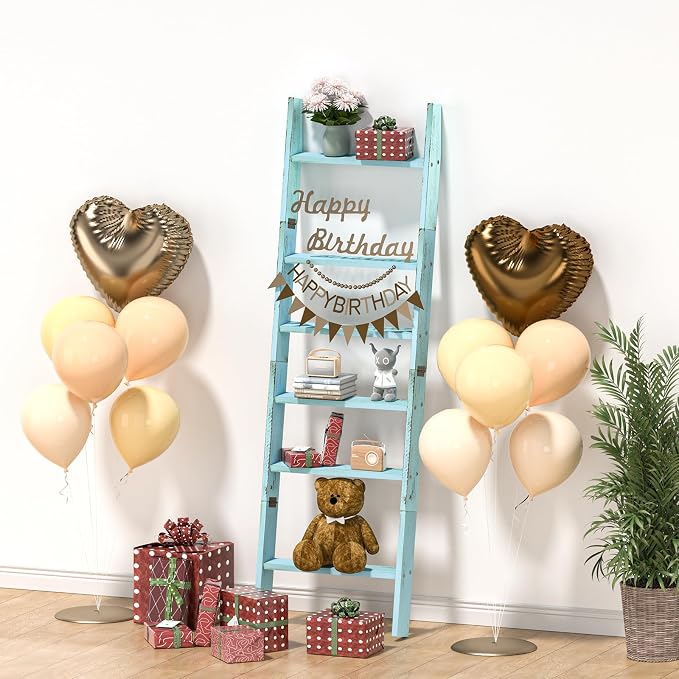 Honest Blanket Ladders for the Living Room, 6-Tier Blanket Holder, Wall-Leaning Blanket Rack, Ladder Shelves, Wooden Quilt Ladder, Farmhouse Decor, Blue