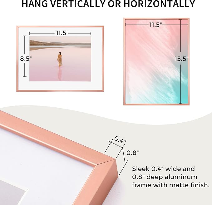 12x16 Metal Picture Frame - Aluminum Picture Frame with Shatter-Resistant Glass - Displays 9x12 Photos with Mat or 12x16 Images without Mat - Ideal for Home or Office Decor(Rose Gold, Pack of 3)