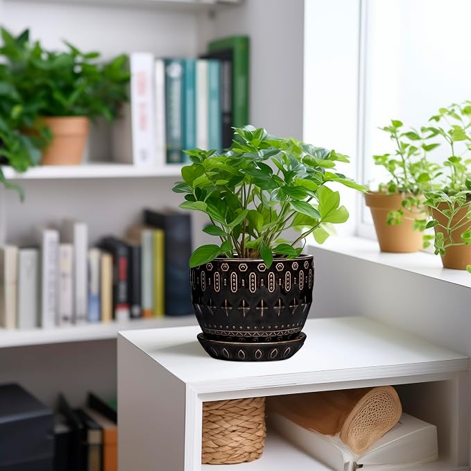 G EPGardening Ceramic Pot for Plants 5.5 Inch - Ceramic Plant Pot Indoor with Drainage Hole and Saucer, Round Boho Planter for Indoor Plants Outdoor, Housewarming Gifts, Garden Office Decor, Black