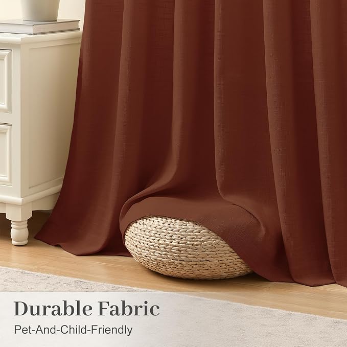 108 Inch Linen Pinch Pleated Sheer Linen Blend Curtains for Living Room | Light Filtering, Bedroom, Semi Sheer, Pinch Pleat, Linen Blend, Hook Rings, High Ceiling Curtains, Chestnut Brown, 2 Panels