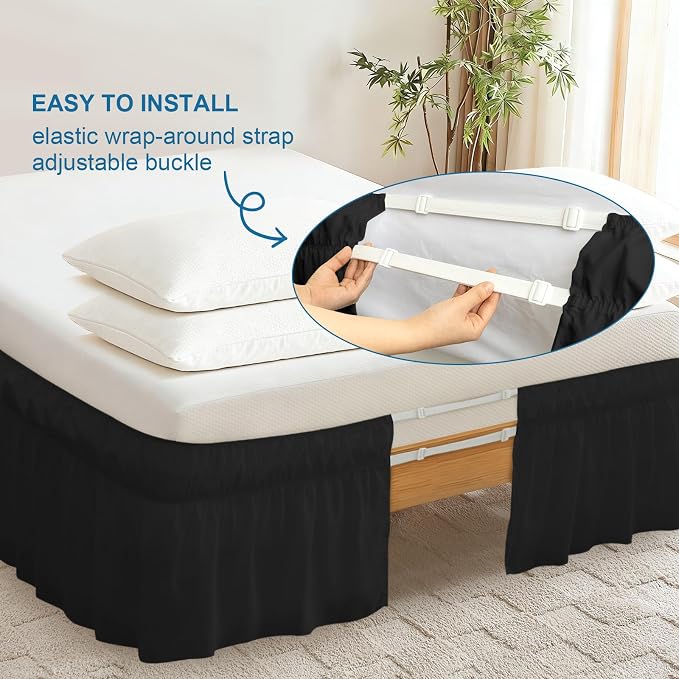 Queen Bed Skirt with Elastic Strap, Ruffle Bed Skirting Queen Size 16" Drop | Wrap Around Skirts Easy to Install on Bed Base & Frame, Wrinkle-free, Machine Washable, Scalloped Edge, Black