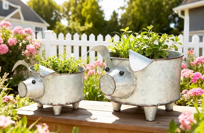 ShabbyDecor Galvanized Metal Pig Succulent Planter, Big and Small