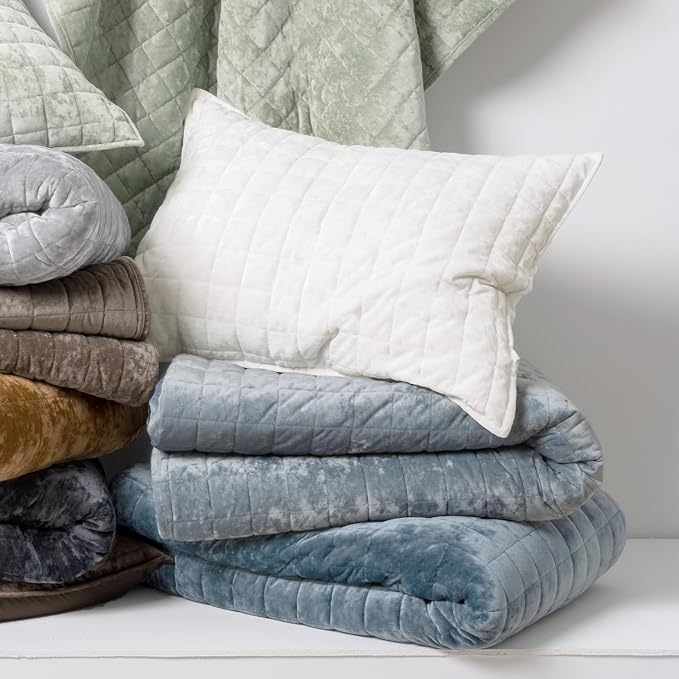 RECYCO Velvet Quilt Set, Oversized California King 118"x106", Blue Linen | Channel Box Stitch Velvet Comforter Set, Ultra Soft Lightweight Bedspread Coverlet, All Season Bedding Set, with 2 Shams