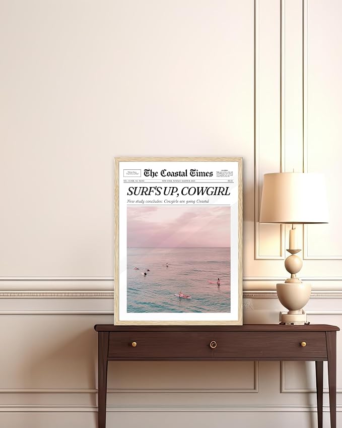 iHery 12x16in Surf’s Up Cowgirl Framed Newspaper Wall Art | Natural OAK Wood Frame with Canvas Print, Coastal Cowgirl Decor for Bedroom, Dorm, Living Room and Bar Cart, 1Pack