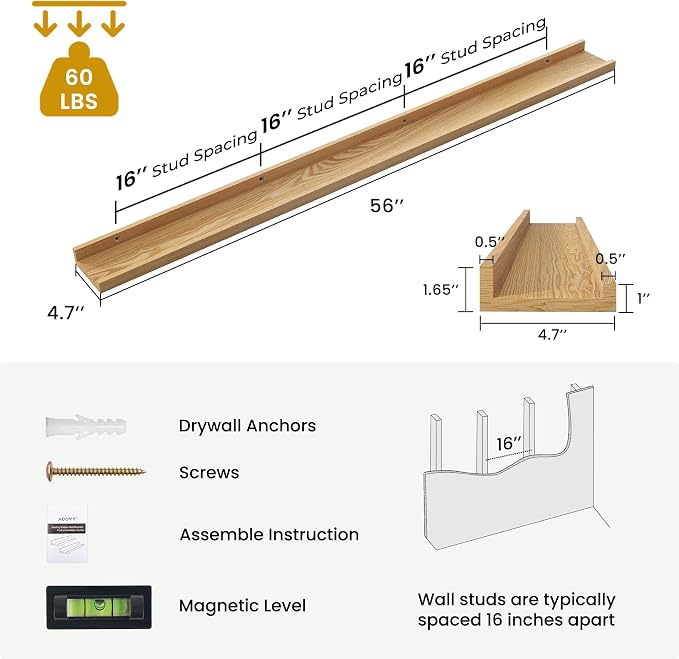 Acovy Solid Ash Wood Picture Ledge Shelf, 56 Inch, Natural, Set of 2