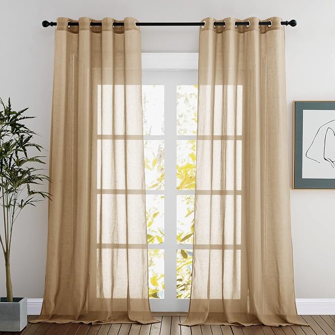 NICETOWN Sheer Linen Curtains Flax Texture 90 inch Long, Grommet Semi Sheer Window Treatments Privacy with Light Filtering Drapes for Bedroom/Living Room, Camel, W52 x L90, 2 Panels