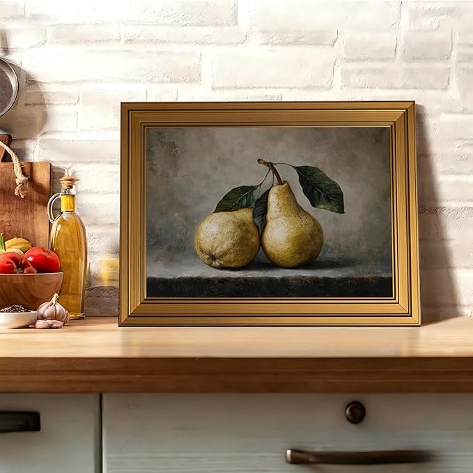 Vintage Gold Framed 3D Textured Wall Art Rustic Pear Still Life Wall Decor Picture Country Farmhouse Kitchen Antique Fruit Poster Cottagecore Aesthetic Print for Gallery Home Decoration 12x16in