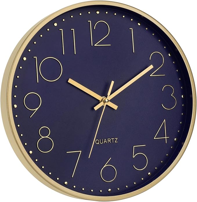 Foxtop 12" Modern Wall Clock Silent Battery Operated Metal Gold Clock | Dark Blue Dial, Non-Ticking, Round, Analog Clock, Quartz, Easy to Read, Living Room, Bedroom, Kitchen, Office