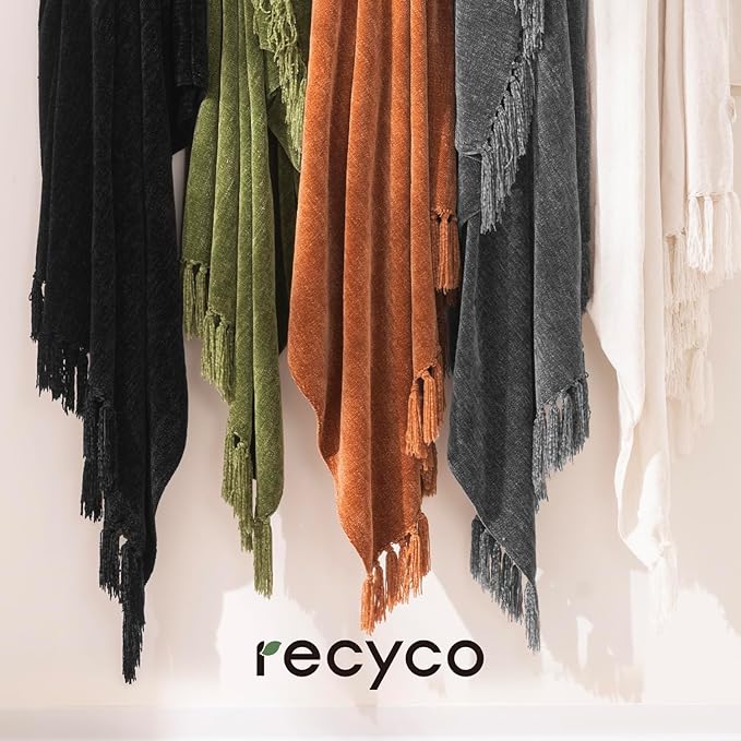 RECYCO Chenille Throw Blanket for Couch, 60" x 80", Dark Gray | Super Soft Knit Throw Blanket with Fringe Tassels, Lightweight Knitted Throw, Cozy, Ideal for Sofa Chair Bed Living Room Gift