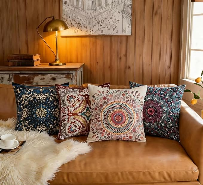 Boho Throw Pillow Covers 18X18 Inch Set of 2 Bohemian Soft Velvet Couch Pillow Cases Farmhouse Decorative Pillow Covers for Sofa Living Room Bedroom Outdoor Patio Porch Mandala Bloom