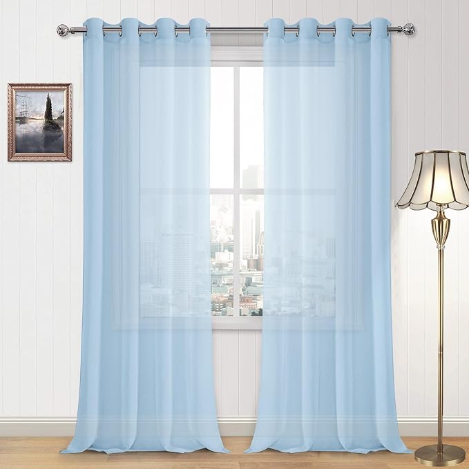 DWCN Sky Blue Faux Linen Sheer Curtains - Grommet Voile Semi Window Curtain Drapes for Bedroom Living Room 52 x 90 inches Long, Set of 2