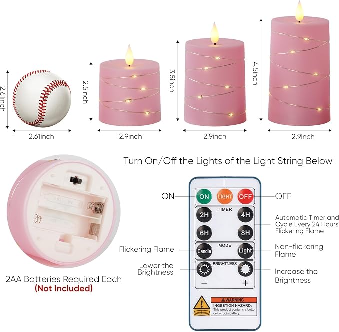 Raycare Pink Battery Operated Flameless LED Pillar Candle with Remote Timer