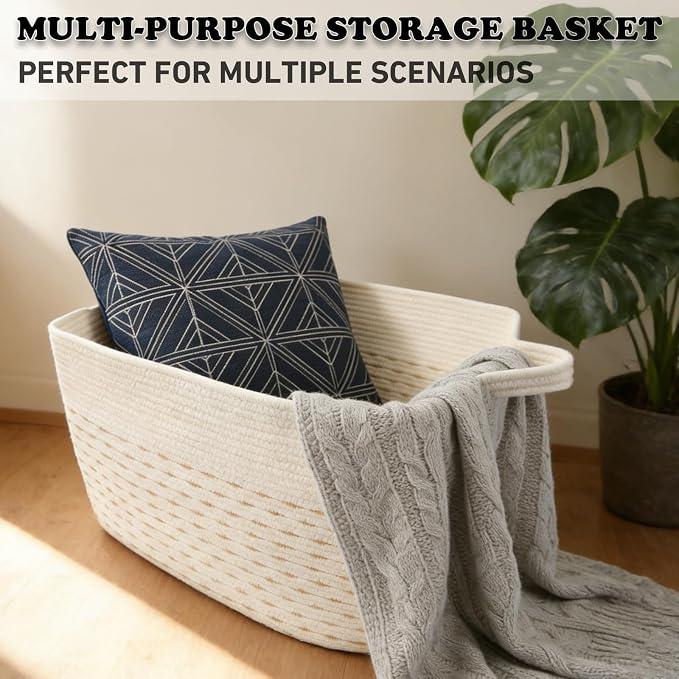 65L Large Laundry Basket with Handles,Woven Blanket Basket,Yellow | 21"×16"×12" Collapsible Cotton Rope Storage Basket for Toys Clothes & Pillows, Nursery, Bathroom, Bedroom, Living Room