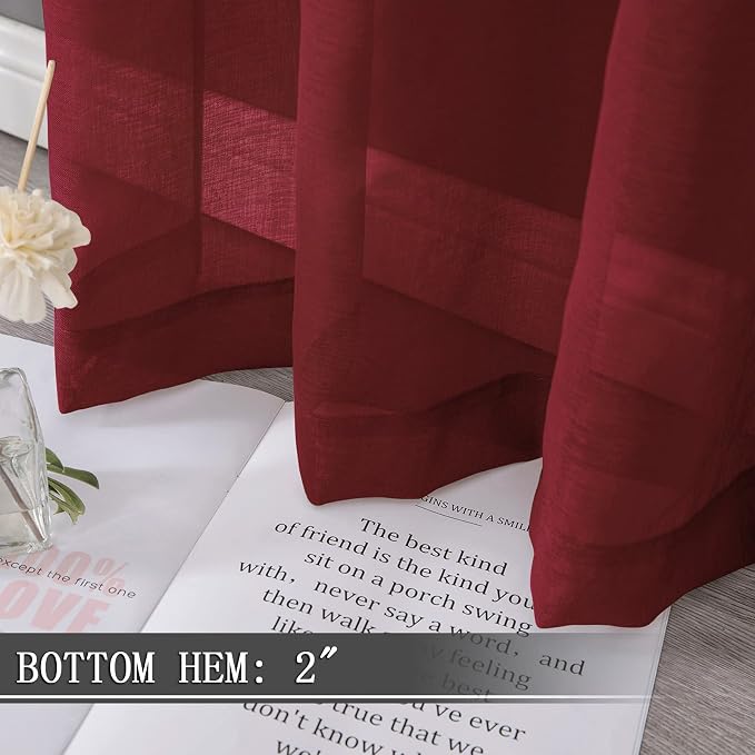 Tollpiz Short Sheer Curtain Living Room Linen Textured Curtains Sheer Light Filtering Voile Rod Pocket Curtain for Bedroom, 38 x 54 inches Long, Burgundy Red, Set of 2 Panels