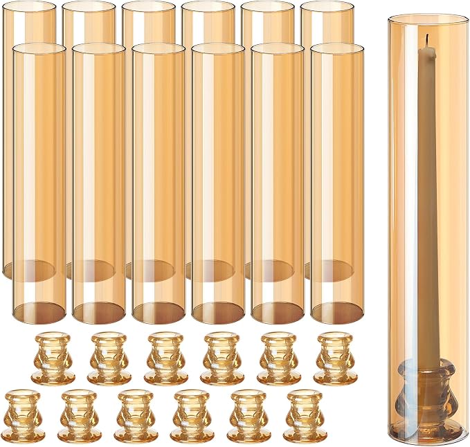 Teenyyou 12 Set Glass Hurricane Candle Holders Candlestick Bulk 12.6",Amber | 2.2" Taper Clear Candlestick Holders, Open Ended Glass Candleholder Tube Shape Bottomless, for Wedding Table Centerpiece
