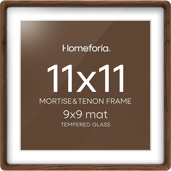 Homeforia 11x11 Mortise&Tenon Walnut Picture Frame, 9x9 Mat, Glass