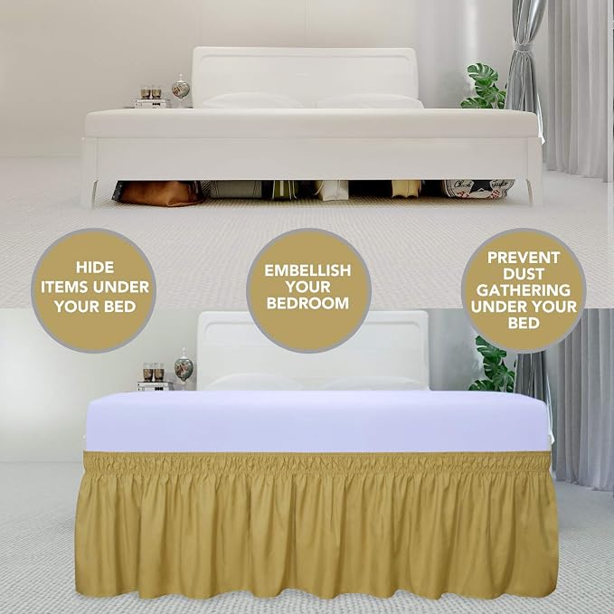 PureFit Wrap Around Ruffled Bed Skirt, Gold, Twin/Full - 14" Drop | Wrinkle Free Bedskirt Dust Ruffles, Easy to Put On Frame Cover with Adjustable Elastic Belt