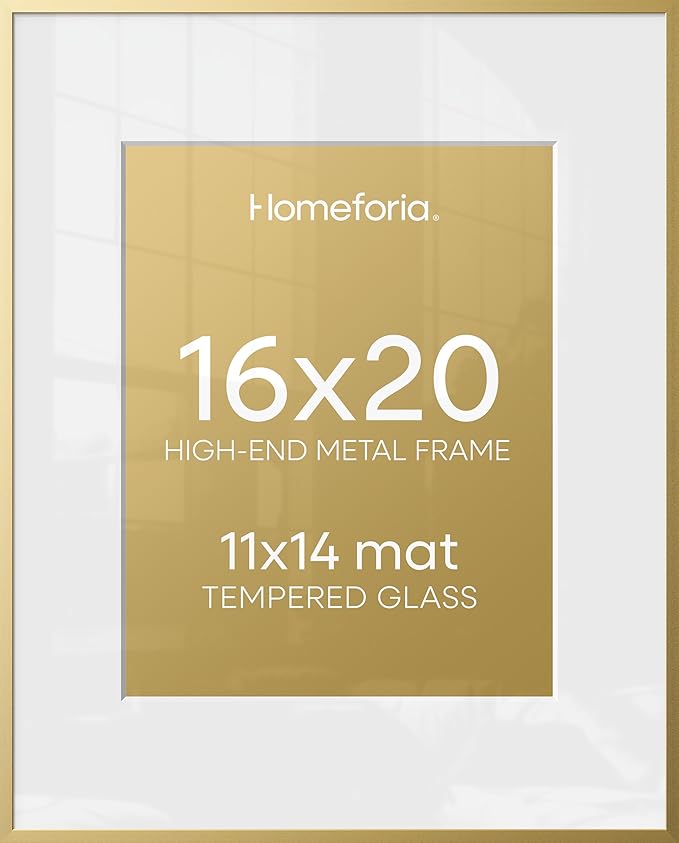 Homeforia 16x20 Gold Picture Frame, High-End Metal, 11x14 Mat, Glass