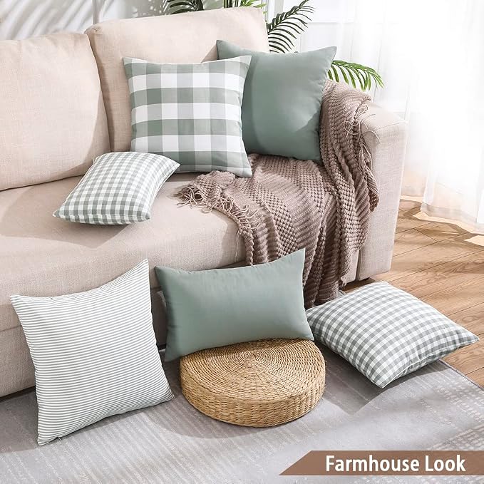 CARRIE HOME Green Plaid 20x20 Throw Pillow Covers Set of 4, Farmhouse Throw Pillows Light Green Checkered Decorative Couch Pillows Set of 4, Green and White Pillow Cover for Bed (No Pillow Inserts)