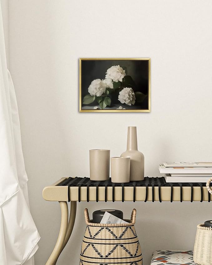 AIMAILON Gold Framed,White Hydrangea Blooming Retro Bohemian Style 12x16 | classic plant aesthetics, desktop decoration, easy to hang, versatile style