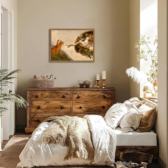 Funny Orange Cat Wall Art Creation of Adam and Cat Wall Decor Painting Renaissance Michelangelo and Animal Poster Canvas Print for Bedroom Living Room 16x24 inch Wood Framed