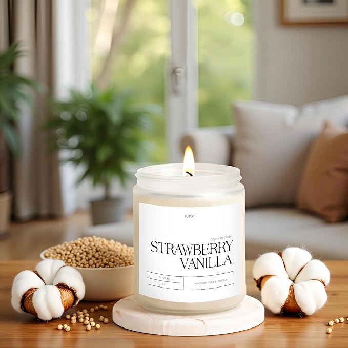 Strawberry Vanilla Highly Scented Candle for Home, 9oz Non Toxic | Natural Soy Wax Aromatherapy Candles with Essential Oil, Home Fragrance Stress Relief & Meditation Jar Candles Gifts