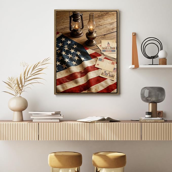 American Flag Framed Canvas Wall Art, 4th of July Patriotic Canvas Prints | USA Flag with Picture Poster Print, Modern Independence Day Wall Decor for Bedroom Living Room Office 16×20in