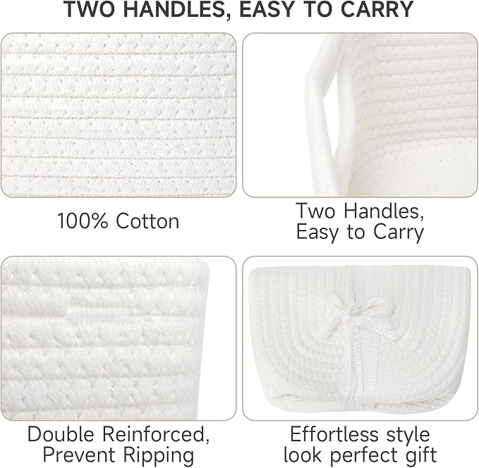 3 Pack Small Storage Baskets for Organizing, 11.8×7.8×5.1", White | Woven Baskets for shelves, Cotton Rope Basket for Gifts Empty, Closet Organizer Bins with Handles, Cube Decorative Box