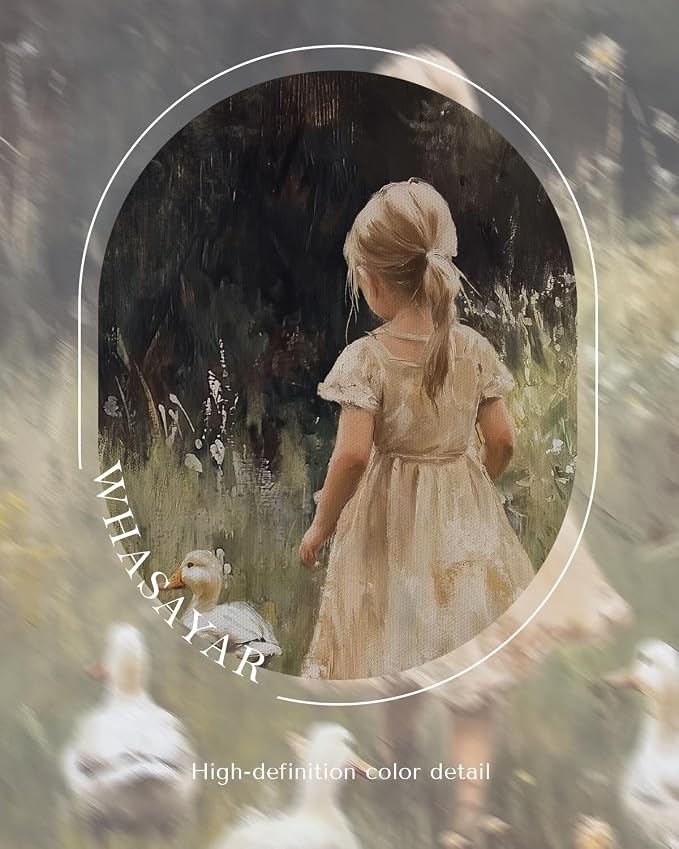 WHASAYART Girl Walking with Ducks Vintage Gold Framed Canvas Wall Art | Rustic Nature Child Scene Wall Decor, Applicable to Nursery Living Room Bedroom Decor, 13x16" Waterproof Canvas Painting
