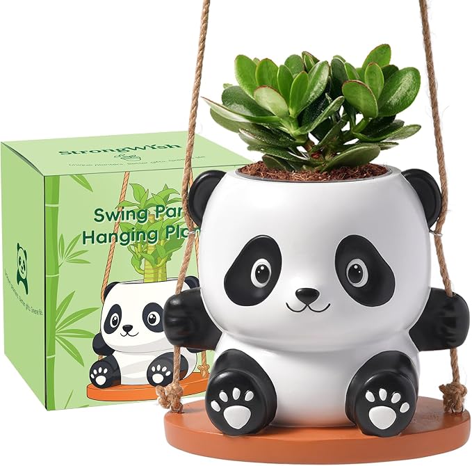 Swing Panda Hanging Planters for Indoor Plants, Cute Succulent Pots with Drainage Hole, Small Hanging Flower Pots Outdoor, Panda Gifts for Plant Lovers (Boy-White)