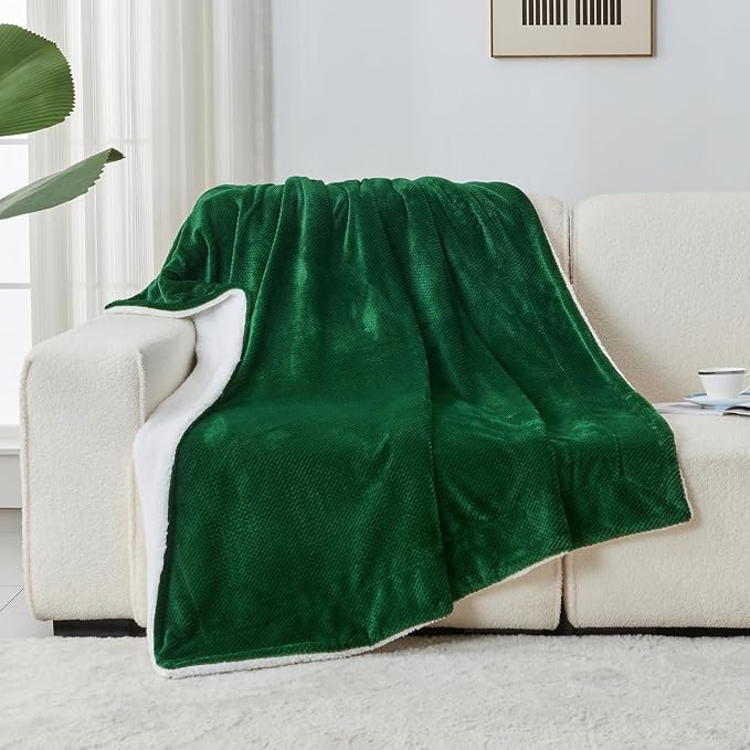 SOCHOW Waffle Sherpa Fleece Throw Blanket, Super Soft Fuzzy Warm, Lightweight Fluffy Reversible Plush Blanket for Bed Sofa Couch, 60 x 80 Inches Forest Green