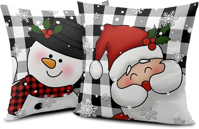 Santa Snowman Christmas Pillow Covers 22x22 Black and White Plaid Winter Throw Pillows Cases Warm Touch Xmas Decorative Cushion Cases for Indoor Bed Sofa in 2 Pcs