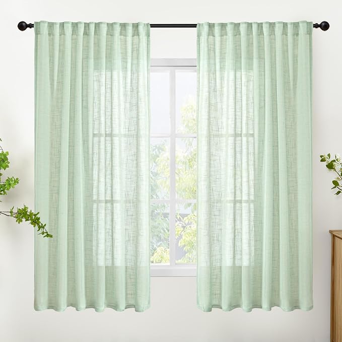 YoungsTex Light Green Linen Curtains 63 Inch Length for Living Room, Semi Sheer Drapes with Rod Pocket Back Tab Textured Light Filtering for Bedroom Window, 2 Panels, 52 X 63 Inch