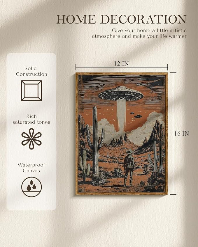 Retro UFO Cowboy Wall Art 12x16 Inch Framed Canvas Print, Vintage Science Fiction Desert Landscape Alien Spaceship Western Scene Cool Artwork, Man Cave Office Game Room Bathroom Decor