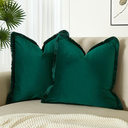 JUSPURBET Forest Green Velvet Throw Pillow Covers 16x16 Inch Set of 2 with Soft Tassel Fringe Luxury Boho Pillowcase for Sofa Couch Bed Home Decor Machine Washable