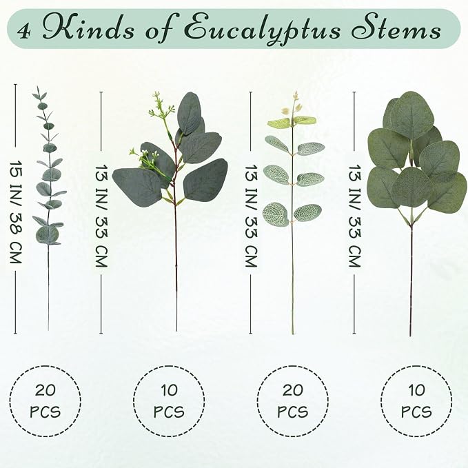 Eucalyptus Stems Bulk 60 Pcs, 4 Kinds Mixed Artificial Silver Dollar Eucalyptus Leaves Bundle Faux Greenery Branches for Wedding Vase Bouquet Floral Arrangement Centerpiece Home Decor
