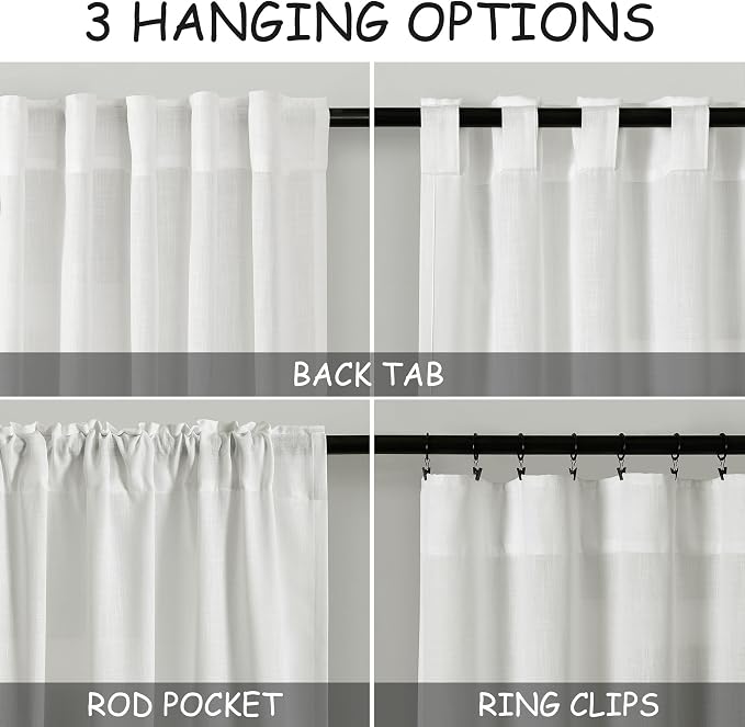 Off White Linen Curtains 96 Inches Long 2 Panels Set Back Tab Rod Pocket Semi Sheer Light Filtering Window Curtain Drapes Neutral Modern Aesthetic Long Curtains for Living Room Bedroom Decor 40x96