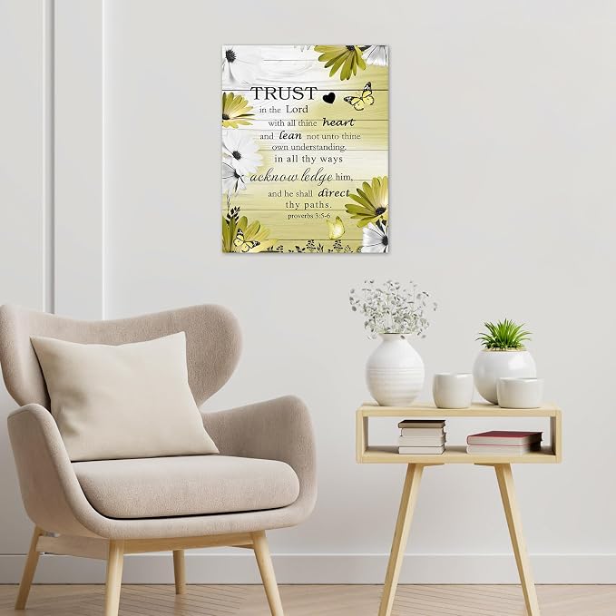 LB Yellow Floral Wall Art for Bathroom Bible Verse on Vintage Grey Wood Canvas Wall Art Wall Paintings Home Decor Wildflower Wall Pictures for Living Room Bedroom Office Ready To Hang, 8x10 Inch