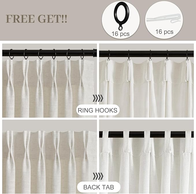 IVAPUPU Pinch Pleated Linen Curtains 90 Inches Sheer Drapes Light Filtering | Living Room, Semi Sheer, Pinch Pleat, Linen Blend, Hook Rings, Memory Shape, Privacy, Beige White, W40xL90, 2 Panels