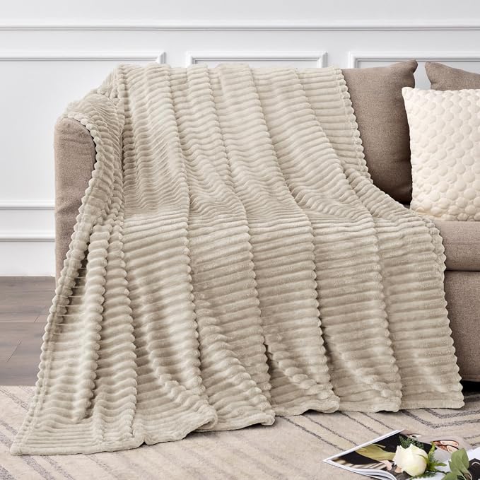 BEDELITE 3D Ribbed Linen Color Fleece Throw Blanket for Couch, 50x60 Inch | Soft Warm Decorative Fluffy Blanket, Cozy Plush Lightweight Fuzzy Throw Blanket for Bed Sofa Home Room Decor, Gift for Women