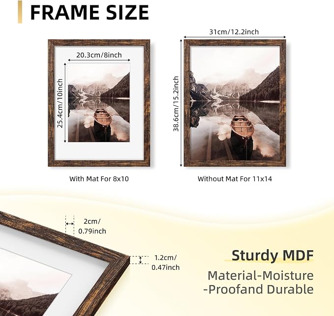 YESKAY 11x14 Picture Frame Set of 9, Photo Gallery Wall Frame Set, Display Pictures 8x10 with Mat or 11 x 14 Without Mat, Multi Photo Frames for Wall Mounting or Table Top Display, Rustic Brown